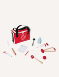 The Janod Little Doctor Suitcase, featuring a red and white design with a black handle, comes with various wooden accessories including a thermometer, syringe, reflex hammer, otoscope, stethoscope, bandage, bottle, tongue depressor, and notepad with a pencil—perfect for any roleplay game.