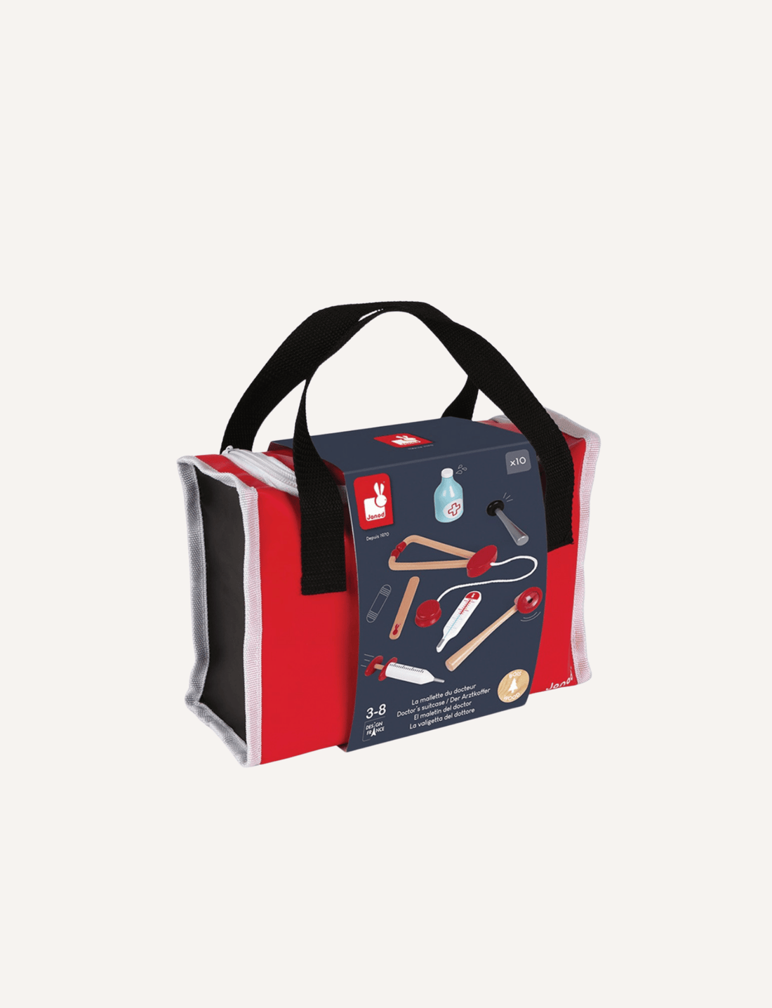 The Janod Little Doctor Suitcase, featuring a red and white design with a black handle, comes with various wooden accessories including a thermometer, syringe, reflex hammer, otoscope, stethoscope, bandage, bottle, tongue depressor, and notepad with a pencil—perfect for any roleplay game.