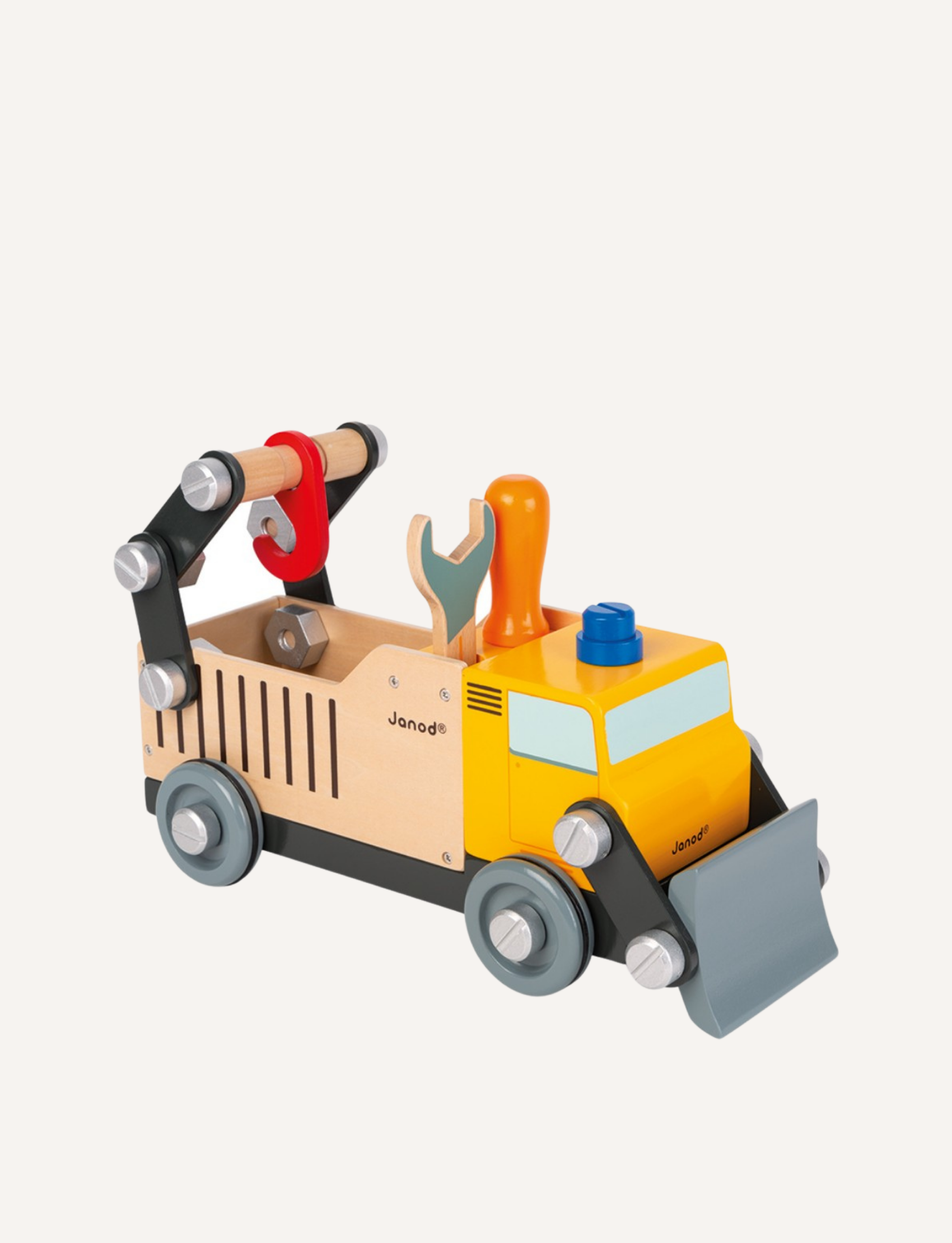 The Janod BricoKids DIY Construction Truck boasts a crane-like movable arm, attached tools, and vibrant red, silver, and blue accents. Made with FSC wood, this yellow and wooden construction truck has a small cabin, wheels, and various mechanical elements crafted from both wood and plastic.