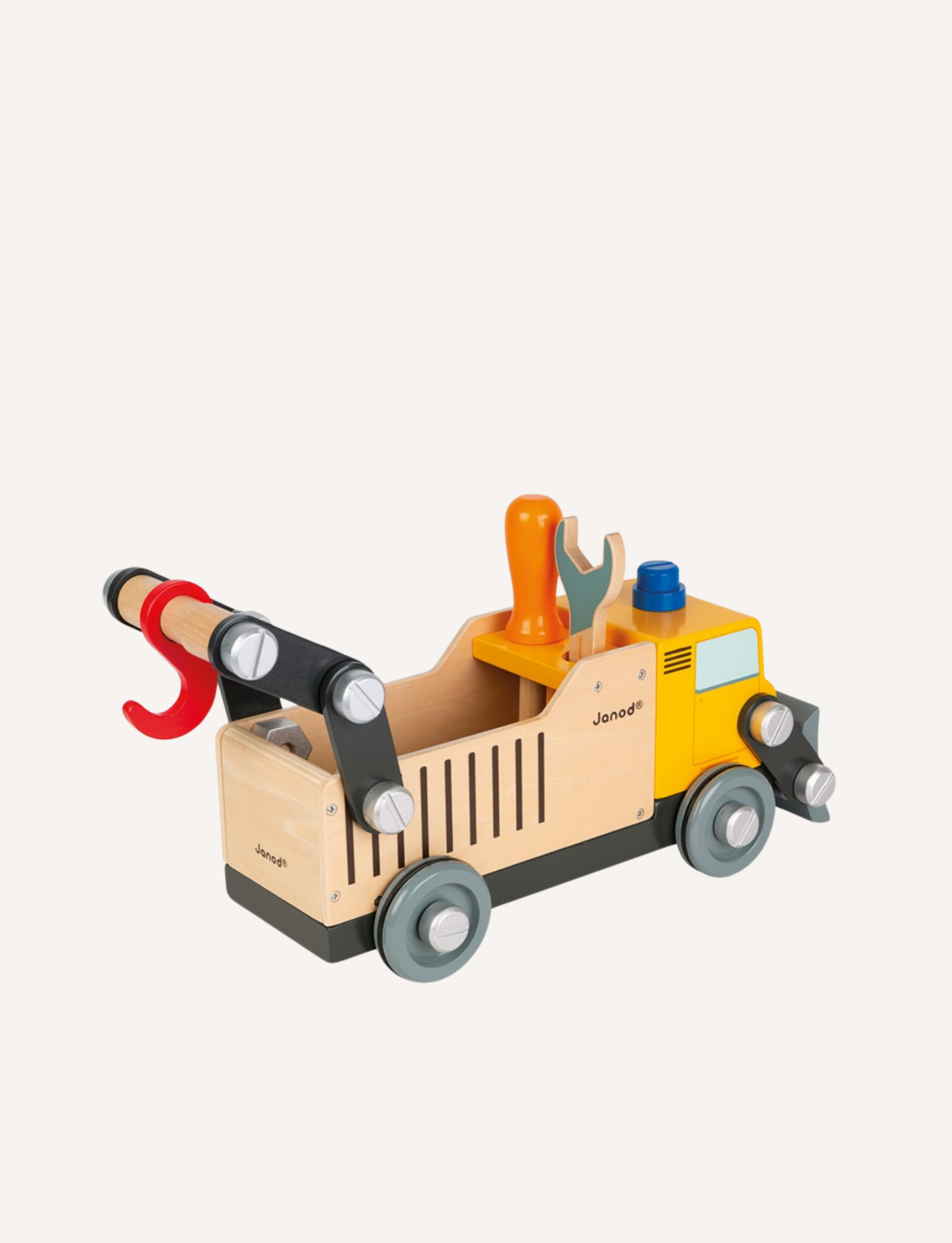 The Janod BricoKids DIY Construction Truck boasts a crane-like movable arm, attached tools, and vibrant red, silver, and blue accents. Made with FSC wood, this yellow and wooden construction truck has a small cabin, wheels, and various mechanical elements crafted from both wood and plastic.