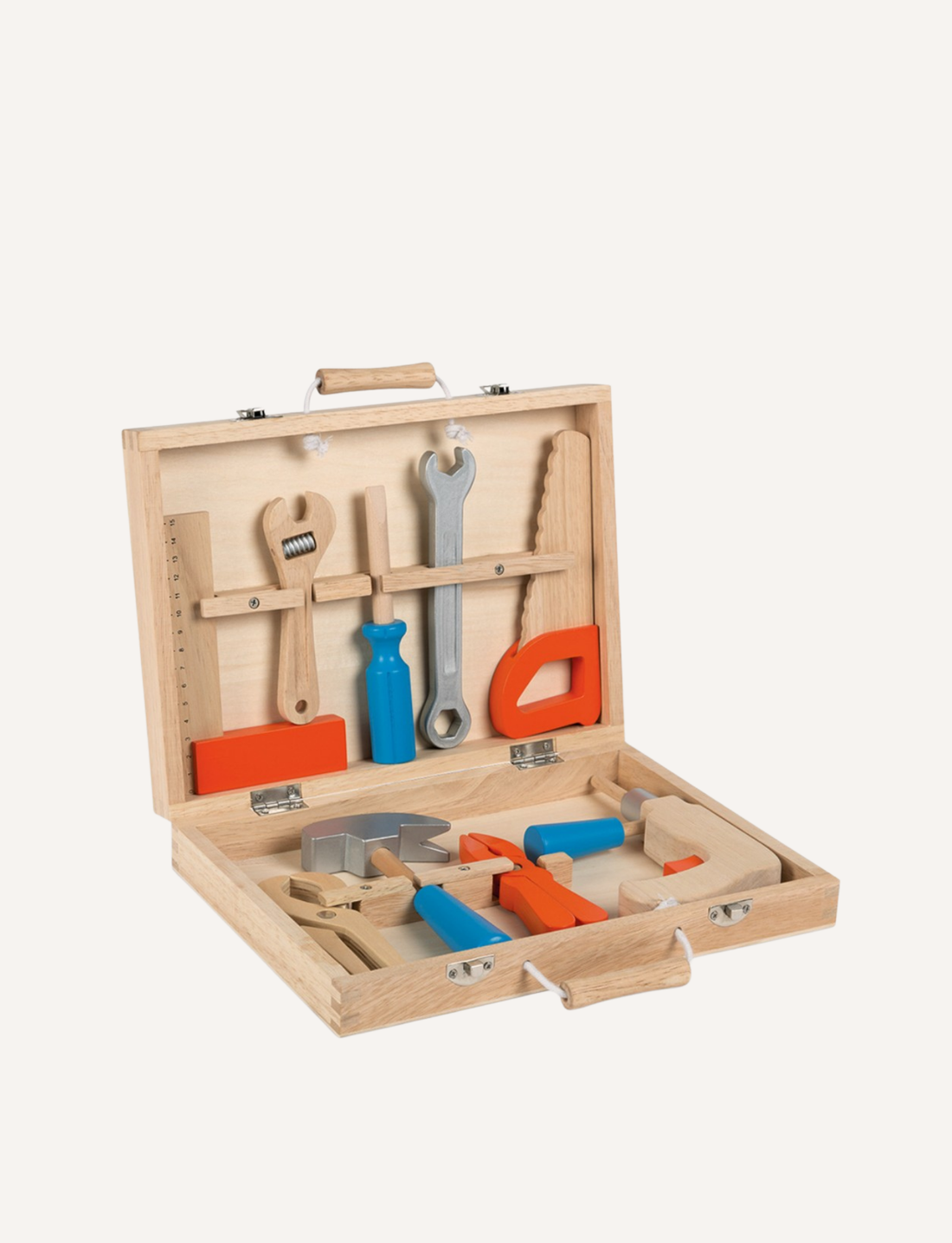 A wooden toy toolbox named "BricoKids DIY Tool Box" by Janod features a design with various colored geometric shapes and wrench graphics on the front. This children's tool set includes a wooden handle and metal latches for closure, making it perfect for imaginative play.