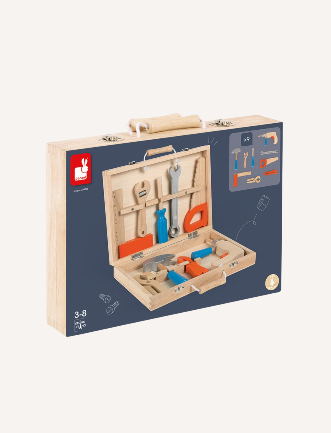 A wooden toy toolbox named "BricoKids DIY Tool Box" by Janod features a design with various colored geometric shapes and wrench graphics on the front. This children's tool set includes a wooden handle and metal latches for closure, making it perfect for imaginative play.