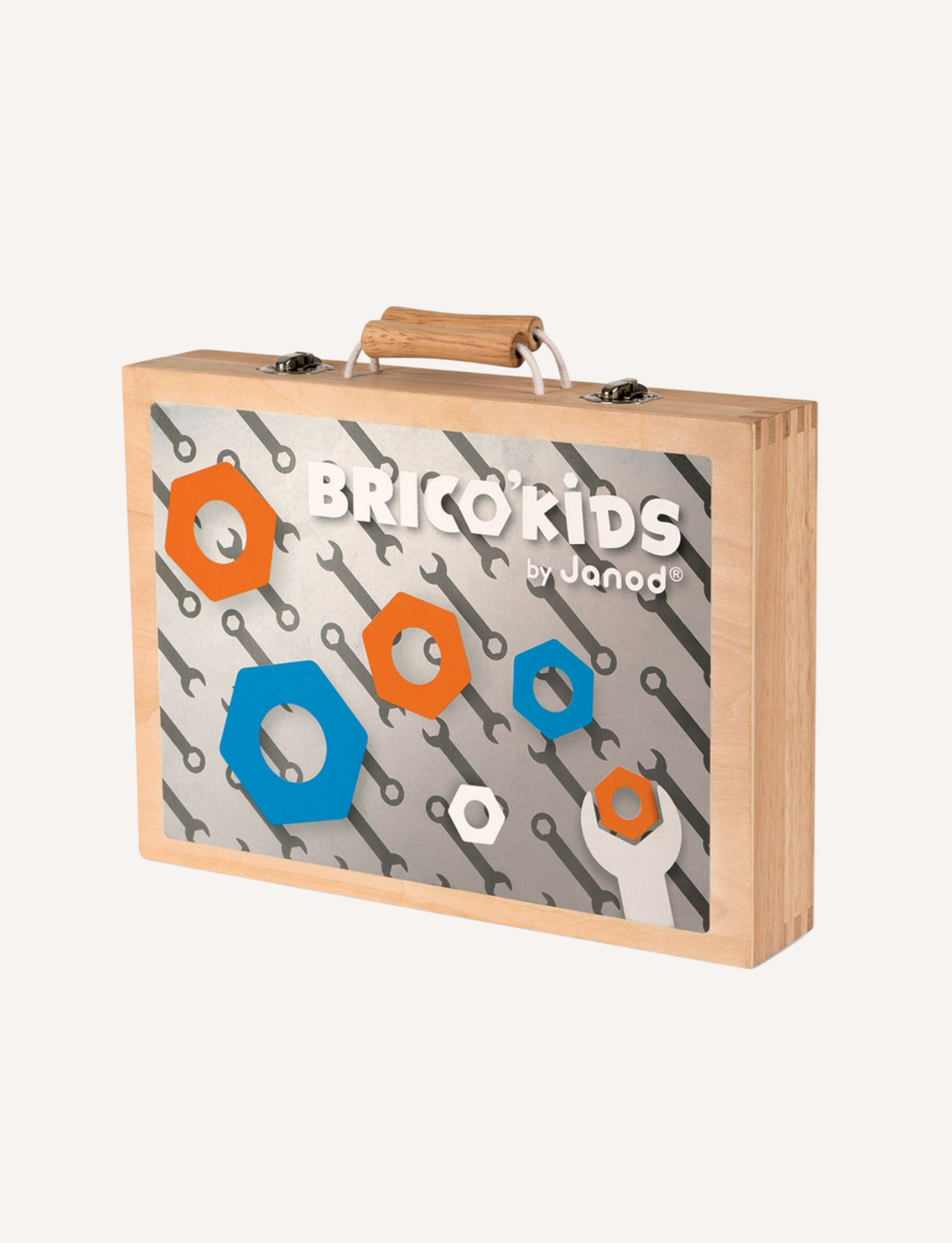 A wooden toy toolbox named "BricoKids DIY Tool Box" by Janod features a design with various colored geometric shapes and wrench graphics on the front. This children's tool set includes a wooden handle and metal latches for closure, making it perfect for imaginative play.