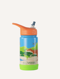 The EcoVessel TriMax Insulated Water Bottle 355ml for kids features a fun unicorn llama illustration with rainbows and colorful shapes, complete with a convenient spout lid for easy hydration on the go.