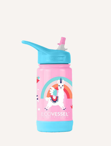 The EcoVessel TriMax Insulated Water Bottle 355ml for kids features a fun unicorn llama illustration with rainbows and colorful shapes, complete with a convenient spout lid for easy hydration on the go.
