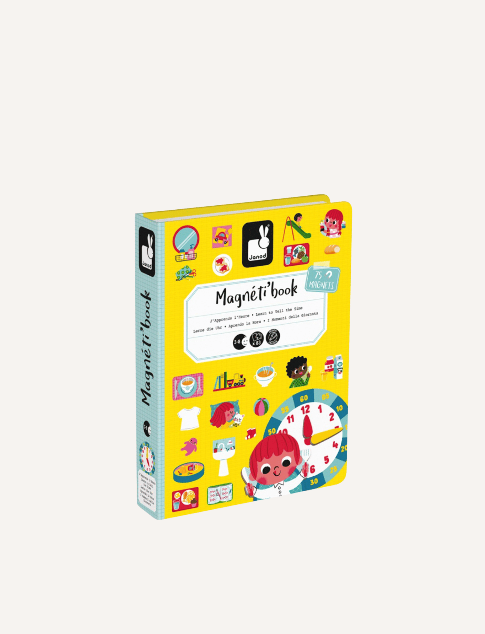 The "Learn Time Magnetic Book" by Janod is a children's educational toy set that includes a vibrant board with cartoon characters, a clock showing 12:15, and various magnetic pieces for storytelling and activity cards. The magnetic book is propped open, displaying all the pieces neatly within the storage area to help kids learn to tell the time.