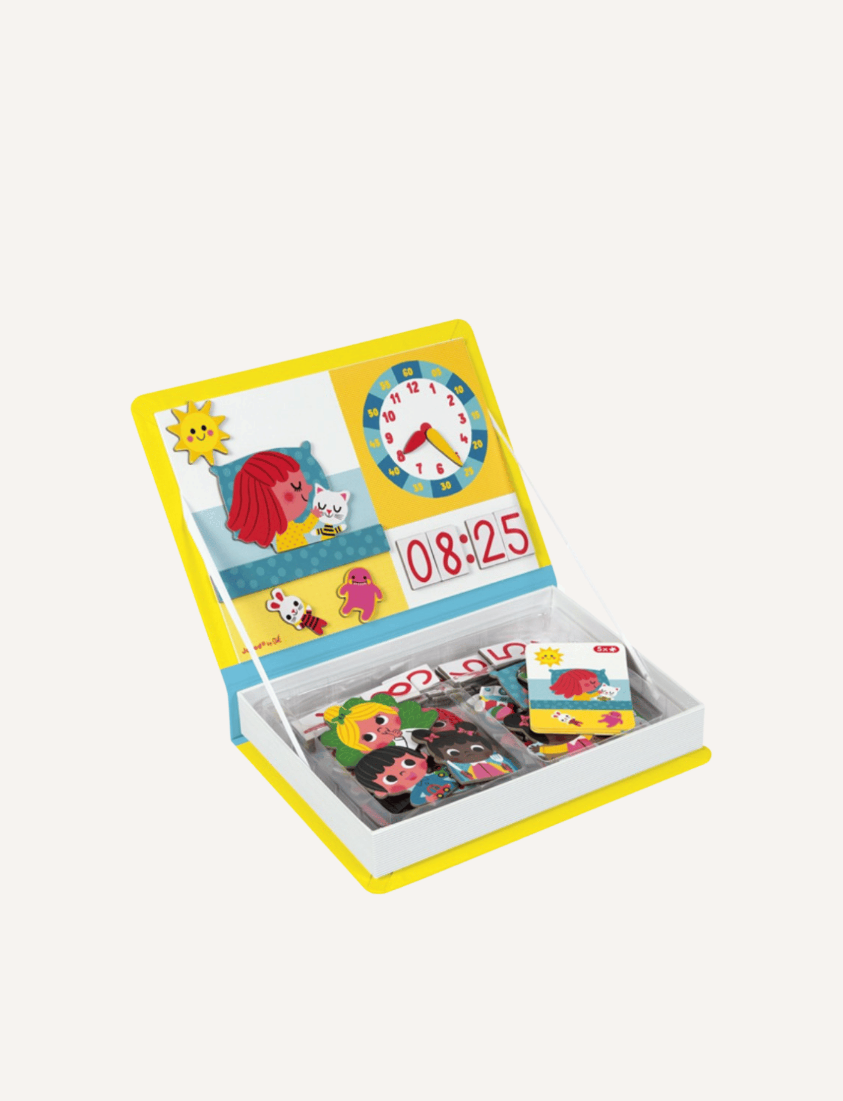 The "Learn Time Magnetic Book" by Janod is a children's educational toy set that includes a vibrant board with cartoon characters, a clock showing 12:15, and various magnetic pieces for storytelling and activity cards. The magnetic book is propped open, displaying all the pieces neatly within the storage area to help kids learn to tell the time.