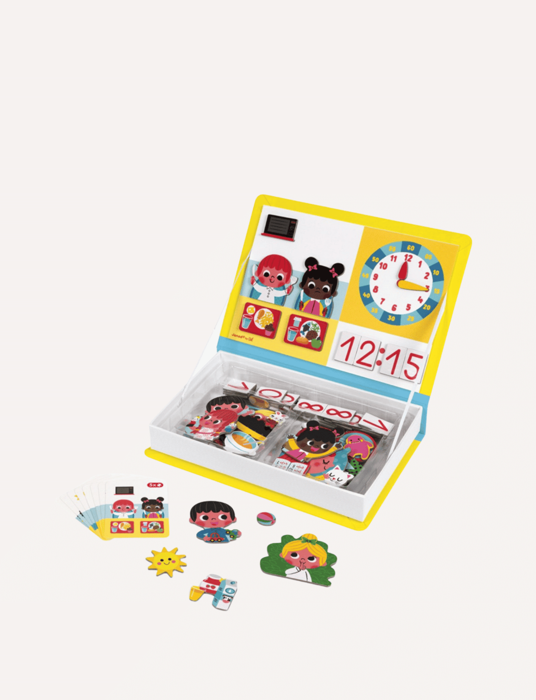 The "Learn Time Magnetic Book" by Janod is a children's educational toy set that includes a vibrant board with cartoon characters, a clock showing 12:15, and various magnetic pieces for storytelling and activity cards. The magnetic book is propped open, displaying all the pieces neatly within the storage area to help kids learn to tell the time.