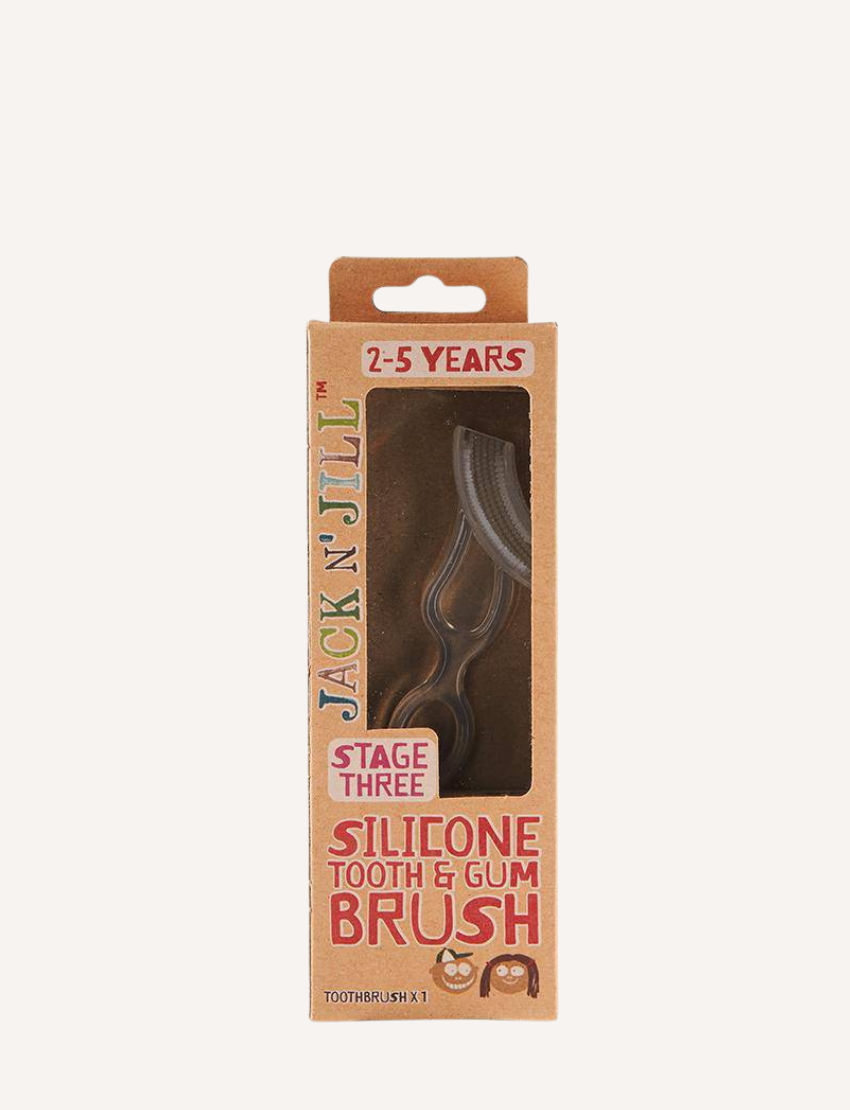 A Jack N' Jill brand Silicone Finger Tooth and Gum Brush - Stage 3 for children aged 2-5 years, packaged in a brown box with a clear window displaying the brush inside.