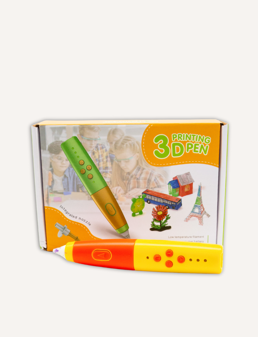 A packaging box for The Play Way's 3D Printing Pen is displayed. The box features images of the pen, 3D models of a house, a dinosaur, and the Eiffel Tower, with children in the background. Text on the box reads "3D Printing Pen" and provides some specifications.