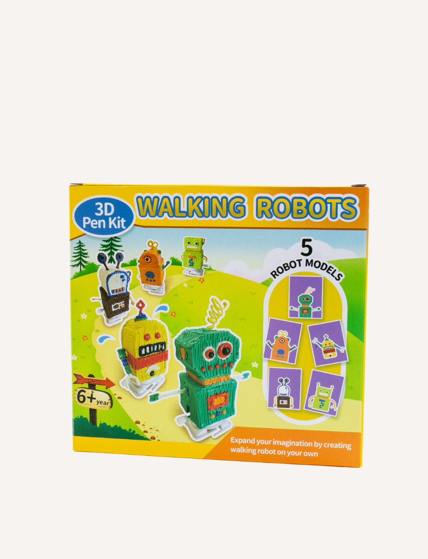 Introducing "Walking Robots - 3D Pen Activity" by The Play Way. This DIY motor toy set comes in a box adorned with illustrations of a bug and a 3D printing pen, complete with flexible legs for crafting your own walking robots. It includes "10 stencils" to help inspire the creation of moving creatures that enhance hand strength. The vibrant background is decorated with green leaves, perfect for sparking creativity.