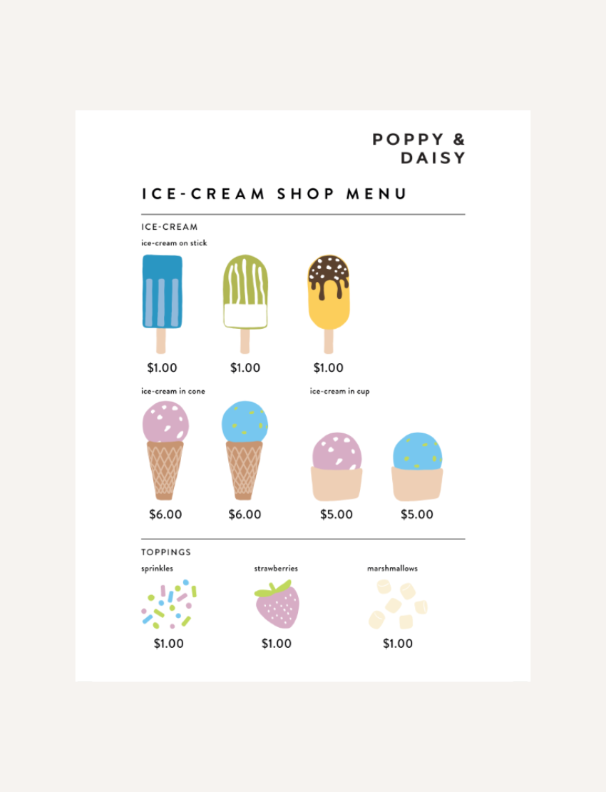 The Play Way's Ice Cream Parlour with Menu is a delightful wooden toy set that features a wooden stand with vibrant ice cream popsicles, pretend money, tongs, scoops, and an ice cream cone on a pink mat. Ideal for imaginative play, this setup perfectly mimics a small ice cream shop counter.