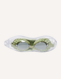 The Kids Swim Goggles by Sunnylife feature a playful swan-shaped head strap, with purple frames and reflective lenses. The head strap showcases a white body and yellow accents, complete with a crown. Both items are displayed against a plain white background.