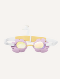 The Kids Swim Goggles by Sunnylife feature a playful swan-shaped head strap, with purple frames and reflective lenses. The head strap showcases a white body and yellow accents, complete with a crown. Both items are displayed against a plain white background.