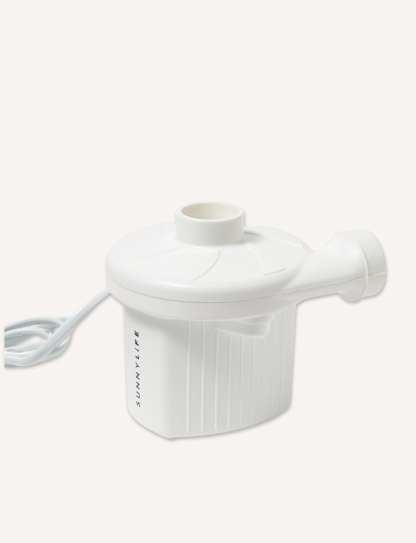 The Sunnylife Electric Air Pump - White boasts a sleek cylindrical design, ideal for inflating pool floats. It comes with a convenient side power cord and includes a nozzle, with the brand name prominently displayed on its housing.