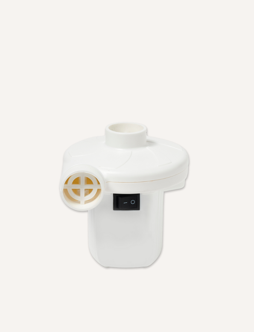 The Sunnylife Electric Air Pump - White boasts a sleek cylindrical design, ideal for inflating pool floats. It comes with a convenient side power cord and includes a nozzle, with the brand name prominently displayed on its housing.