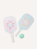 Two paddles from the Sunnylife Pickleball Set, featuring green and white stripes, are placed side by side. A green pickleball with holes is situated nearby on a simple white background.