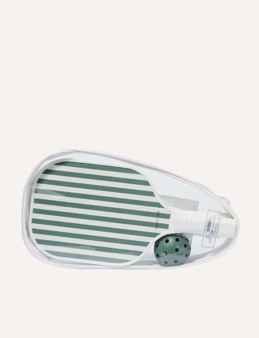 Two paddles from the Sunnylife Pickleball Set, featuring green and white stripes, are placed side by side. A green pickleball with holes is situated nearby on a simple white background.