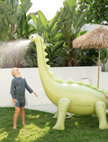 The Giant Snake Sprinkler by Sunnylife, with its yellow and white striped inflatable design, googly eyes, and orange tongue, brings fun to the backyard. Crafted from durable PVC, its long, wavy body has two rounded bases for stability.