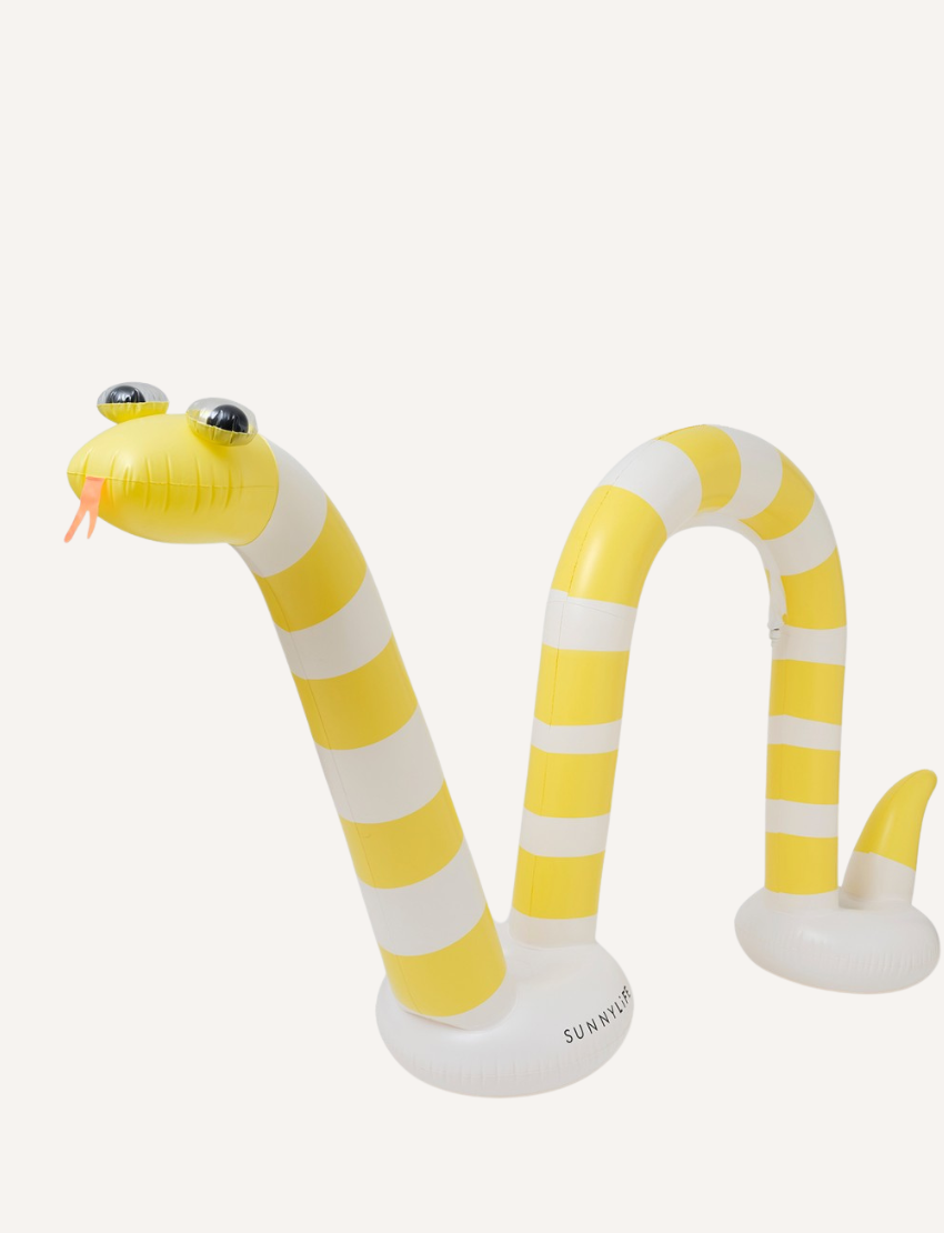 Experience backyard fun with the Giant Sunnylife Snake Sprinkler and Pump by The Play Way. This inflatable pool float is designed as a yellow and white striped snake, complete with exaggerated eyes and a playful tongue. Made from durable PVC, it ensures stability with two supporting circular float bases—an ideal companion for your summer adventures.