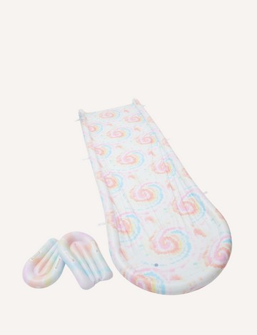 Image of the Sunnylife Slip, Slide and Body Board Set - Tie Dye Multi, showcasing a light pastel tie-dye pattern featuring swirls of pink, blue, and yellow. Two small inflatable pool rings with matching patterns are positioned next to the slide against a plain white background.