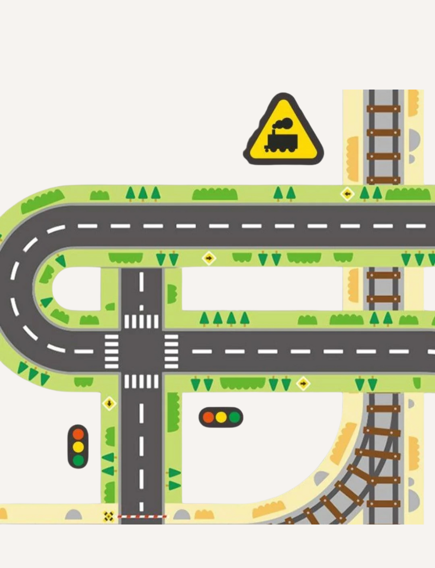 A sheet of Mideer's Road Tape is displayed, featuring triangular caution signs with train icons, circular parking symbols, and various road designs. The text reads "20 Kinds Of Traffic Stickers" next to a traffic light graphic.