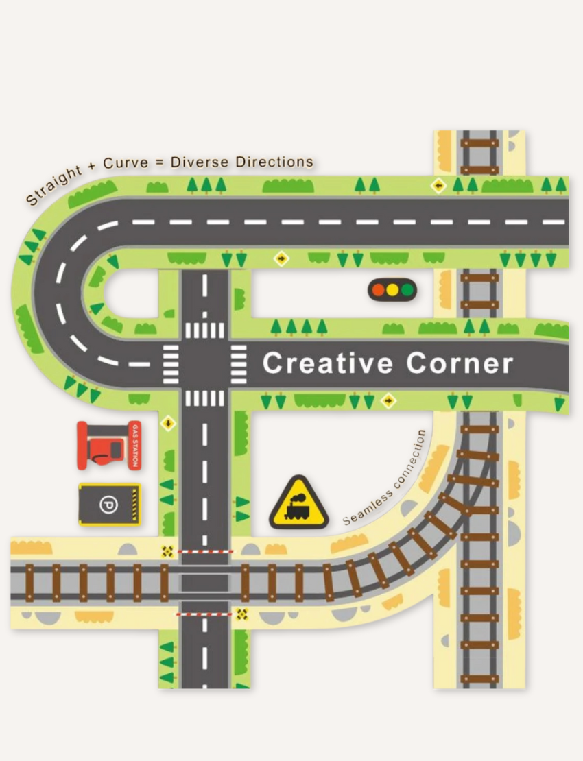 A sheet of Mideer's Road Tape is displayed, featuring triangular caution signs with train icons, circular parking symbols, and various road designs. The text reads "20 Kinds Of Traffic Stickers" next to a traffic light graphic.