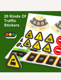 A sheet of Mideer's Road Tape is displayed, featuring triangular caution signs with train icons, circular parking symbols, and various road designs. The text reads 