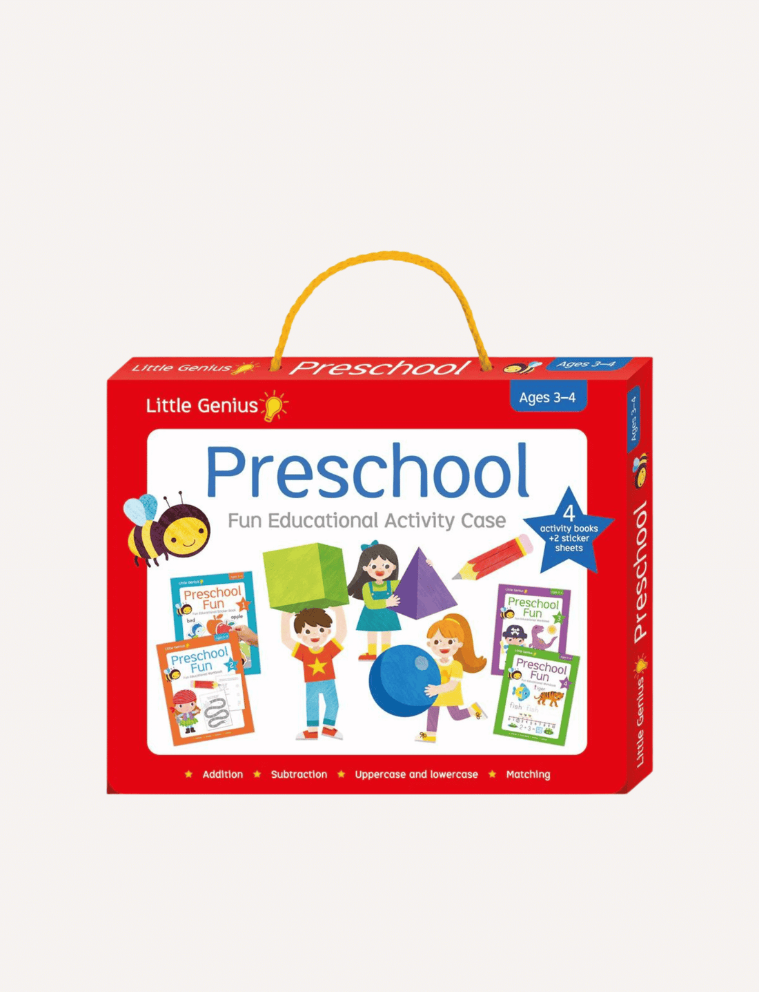 The Little Genius Activity Case Preschool by Lake Press is a red educational activity case designed for preschoolers aged 3-4. The front image displays children playing, as well as educational books and colorful illustrations. It incorporates activities for addition, subtraction, uppercase and lowercase letters, and matching. The case also includes fun kids stickers to enhance the learning experience.