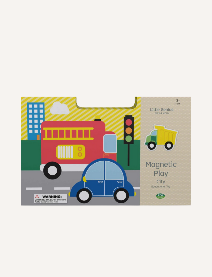 The "Little Genius Play & Learn Magnetic Play Set - City" by Lake Press features colorful illustrations of a red bus and blue car on a road with a traffic light. Designed for ages 3+, this educational toy promotes creative play and includes safety warnings.