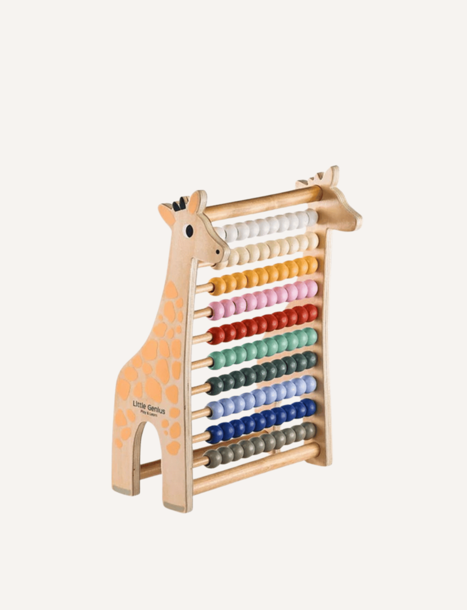 Image of a boxed educational toy set labeled "Little Genius Play & Learn Abacus." The box features a giraffe-shaped abacus, detailed product information, and illustrations of a giraffe. Branding "Lake Press" is visible, with the tagline "play & learn," highlighting basic maths and fine motor skills development.