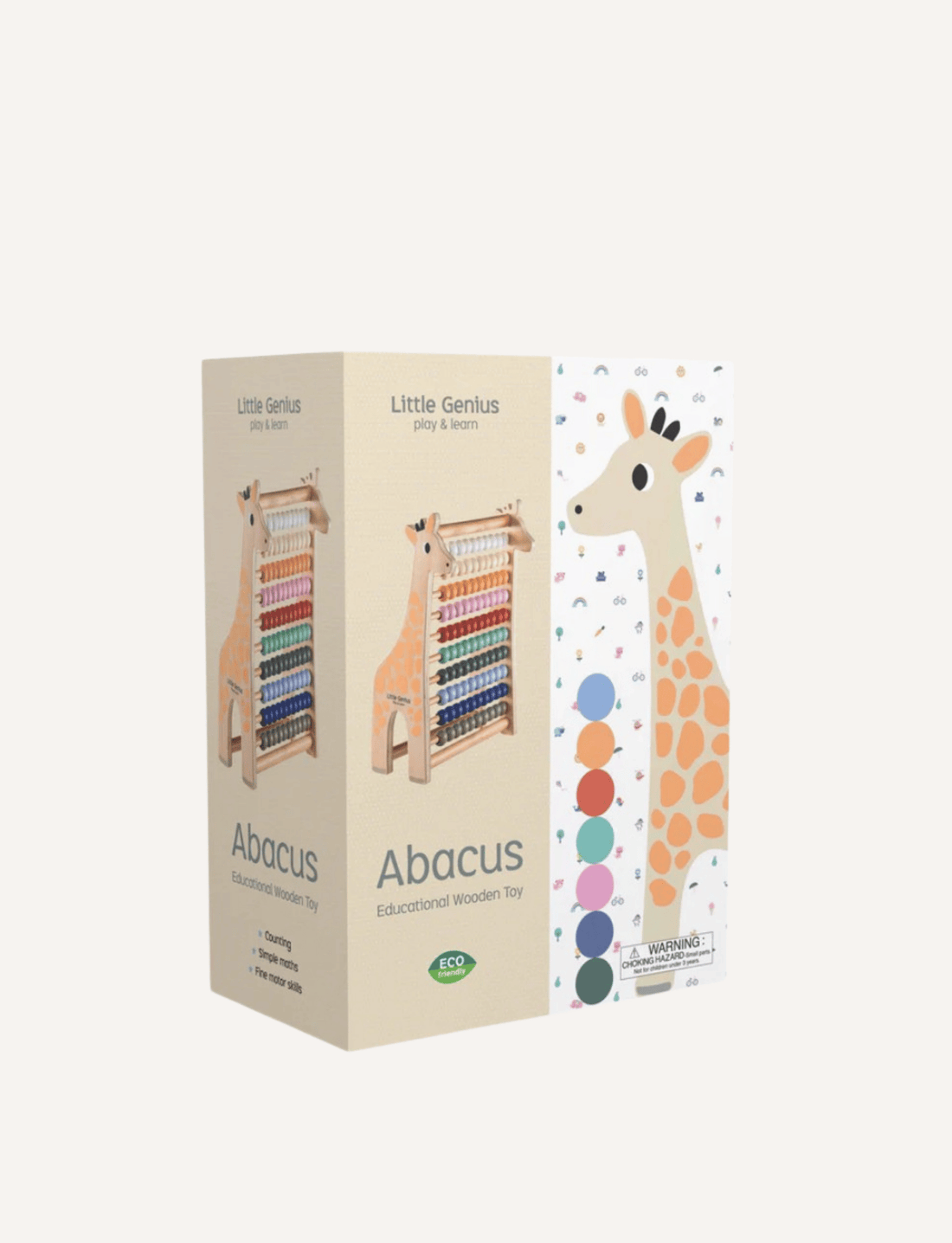 Image of a boxed educational toy set labeled "Little Genius Play & Learn Abacus." The box features a giraffe-shaped abacus, detailed product information, and illustrations of a giraffe. Branding "Lake Press" is visible, with the tagline "play & learn," highlighting basic maths and fine motor skills development.