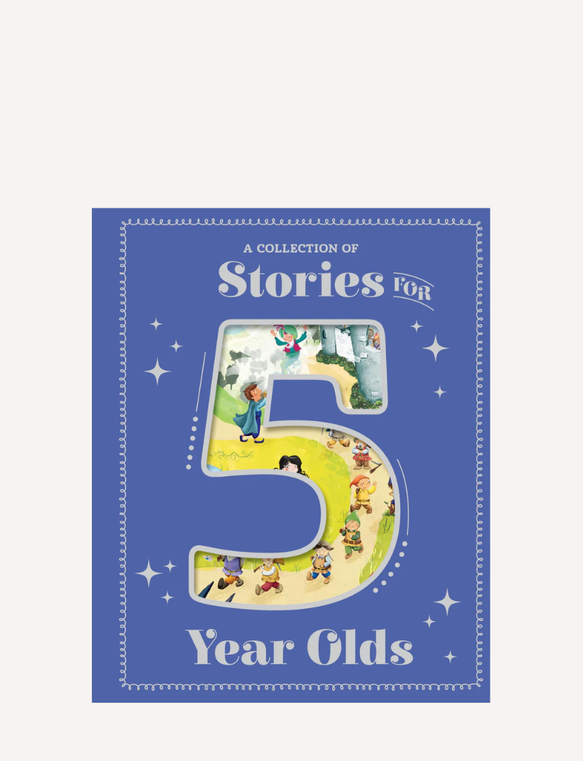 The Lake Press "Stories for 5 Year Olds" book features a blue cover showcasing a large central number 5 with illustrated scenes, bordered by small star and dot patterns.