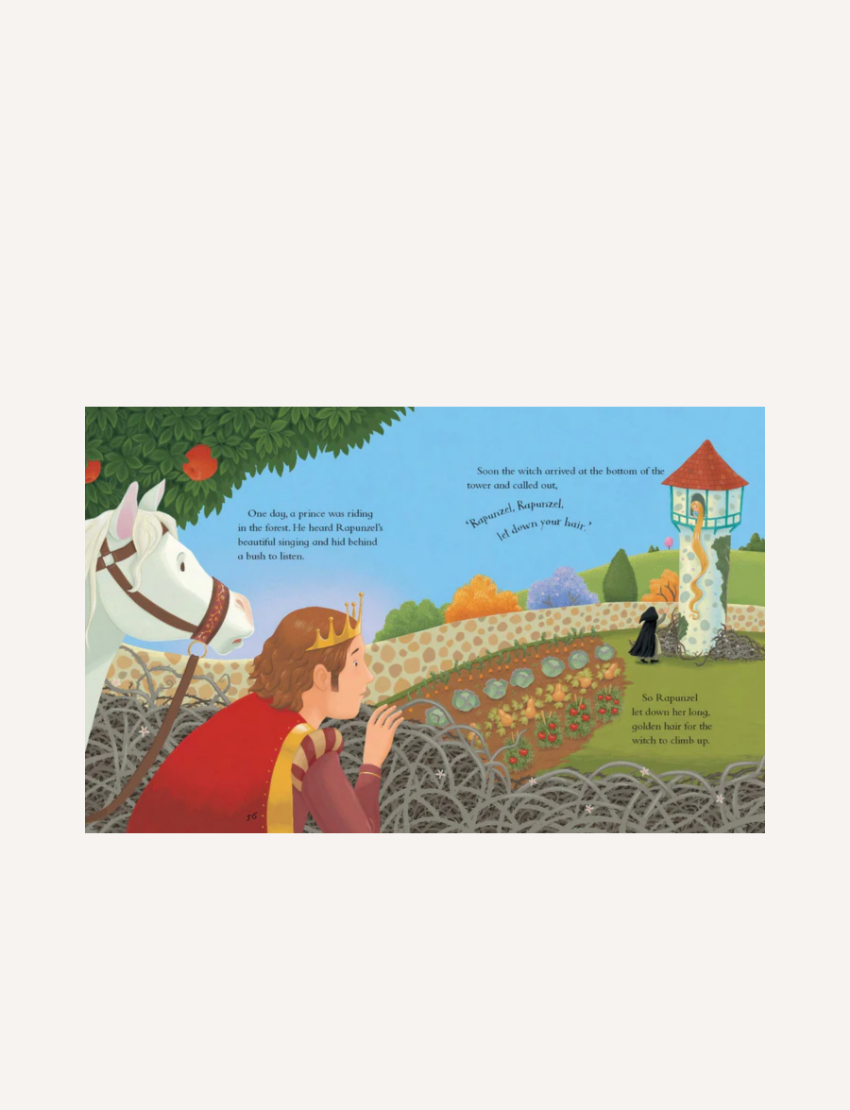 Illustration of a storybook page from Lake Press’s "Stories for 3 Year Olds." On the left, a prince wearing a red coat and gold crown rides a white horse and looks over a gray and white wall into a garden. On the right, a figure dressed in black stands near a stone tower with a green roof, with long golden hair hanging out of the window. The text narrates part of the fairy tale "Rapunzel.