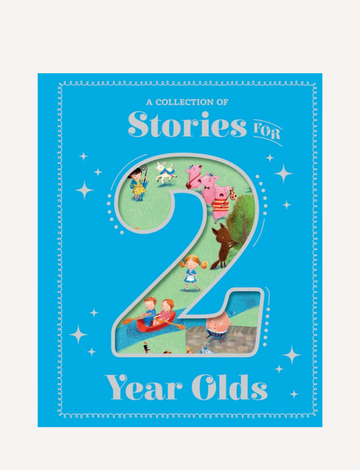 A bright blue book cover titled "Stories for 2 Year Olds" by Lake Press. The large number 2 showcases illustrations of animals and children within, and the cover features decorative white borders and stars.