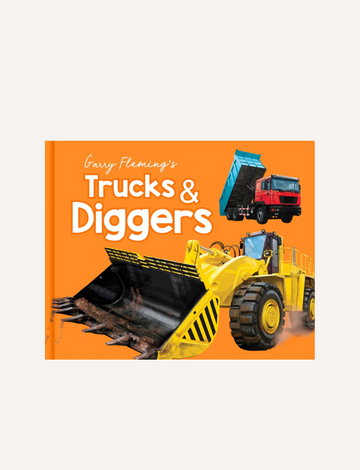 The children's book titled "Discover the Trucks and Diggers of the World (Neon Edition)" by Lake Press is shown. The cover features an illustration of a large yellow front loader and a red dump truck against an orange background, showcasing the excitement of this construction vehicles book.