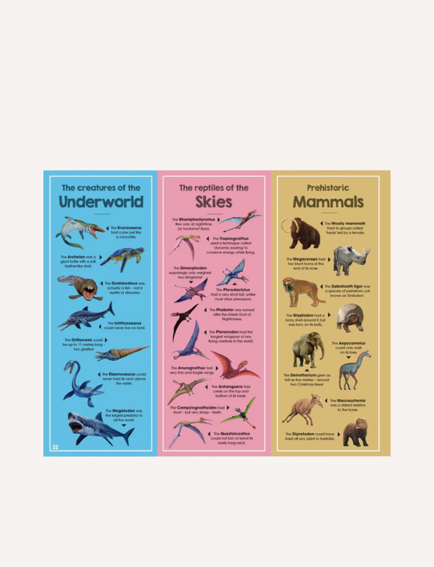 Illustrated comparison from the "Discover the Dinosaurs of the World (Neon Edition)" by Lake Press. The left side highlights dinosaurs, insects, and plants from the Triassic period, while the right side showcases dinosaurs, flying reptiles, and sea creatures from the Jurassic period. Text provides timelines of these periods.