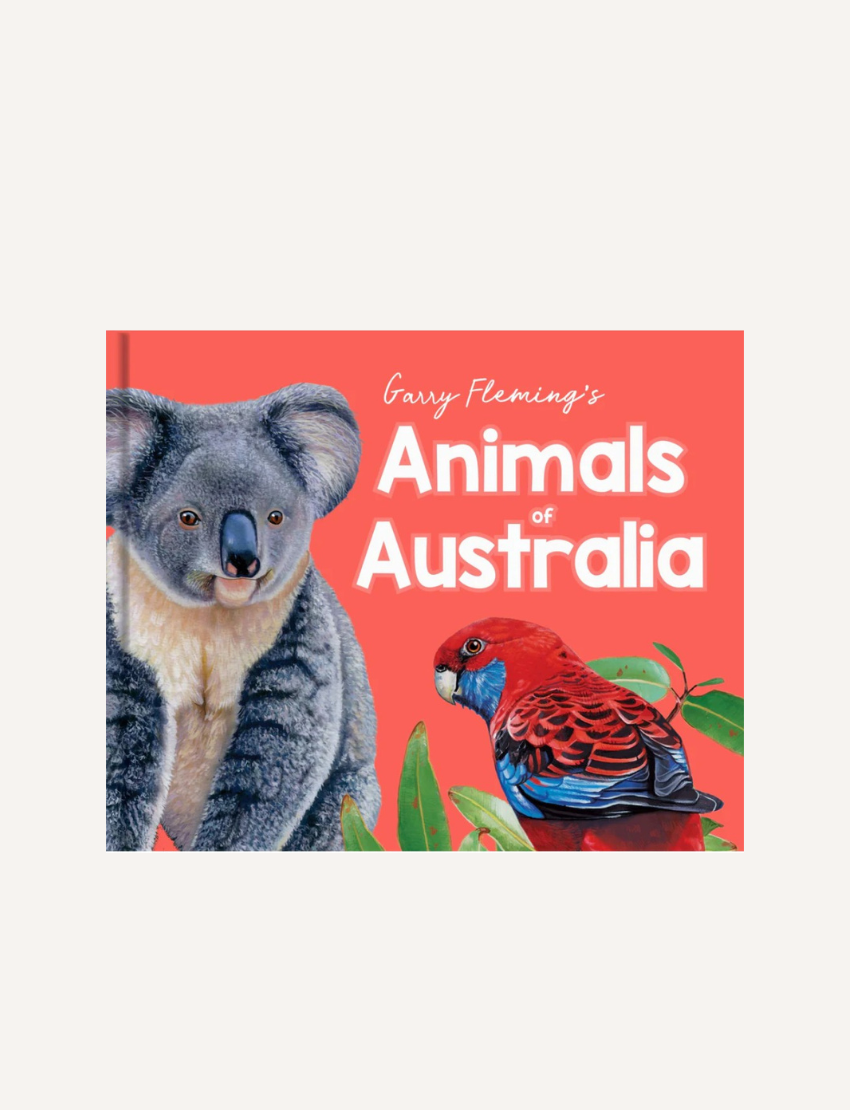 The illustrated book cover titled "Discover the Animals of Australia (Neon Edition)" by Lake Press features a koala and a brightly colored parrot against a vivid red background. Green leaves are partially visible at the bottom of the cover, complementing the vibrant depiction of Australia's diverse wildlife.