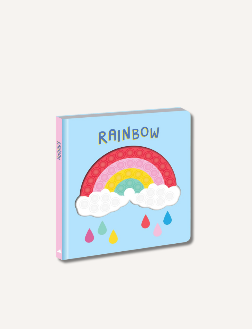 Children's pop-it book with a rainbow design on the cover, titled "RAINBOW" and colorful rain drops.