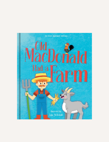 The image shows the cover of a children's book titled "Nursery Rhyme Picture Book - Old MacDonald Had a Farm" by Lake Press. The cover illustration features a smiling farmer holding a pitchfork and some hay, standing next to a goat. Surrounding them are various farm animals, and there's a small red bird perched on the book's title.