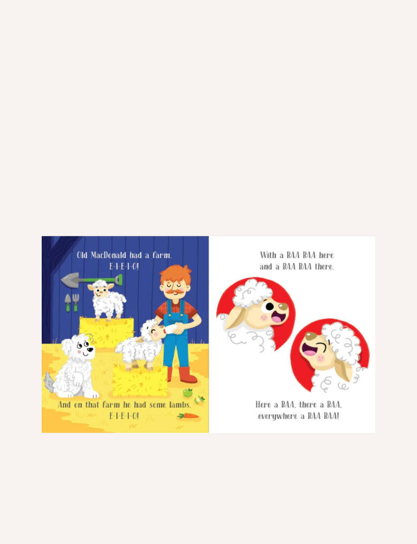 The image shows the cover of a children's book titled "Nursery Rhyme Picture Book - Old MacDonald Had a Farm" by Lake Press. The cover illustration features a smiling farmer holding a pitchfork and some hay, standing next to a goat. Surrounding them are various farm animals, and there's a small red bird perched on the book's title.