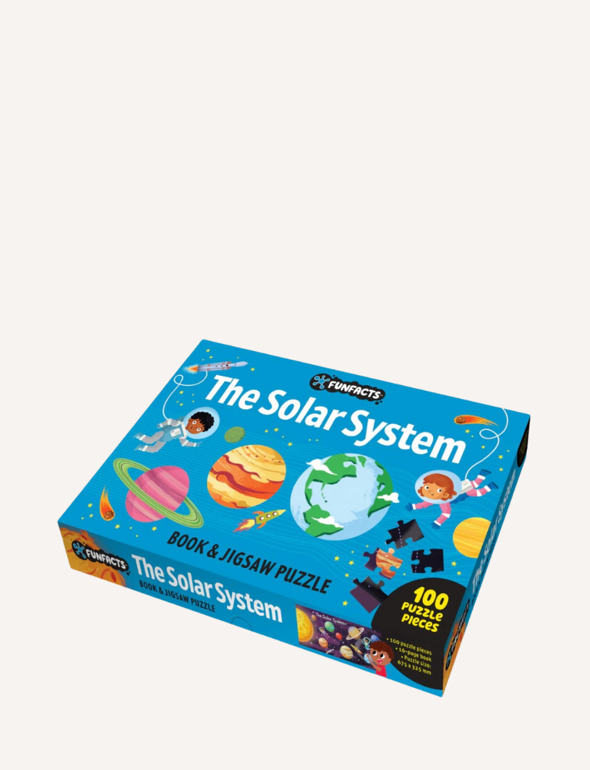 A jigsaw puzzle box labeled "FunFacts - Book & Jigsaw - The Solar System" from the brand Lake Press sits on a white background. The blue box features colorful illustrations of planets, a rocket, and an astronaut. With 100 pieces, it promises hours of fun and learning, and notably includes a Solar System book for added exploration.