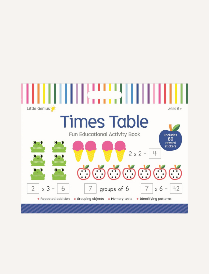 Cover of the Little Genius 'Times Table' Fun Educational Activity Book with frogs and ice cream.