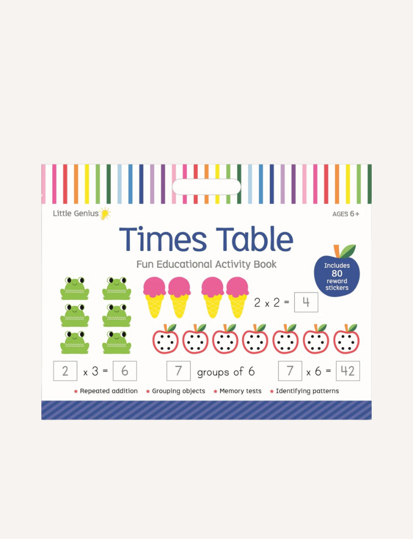 The "Little Genius Vol. 2 - Times Tables Mega Activity Pad" by Lake Press is an engaging children's activity book designed for ages 6+. The vibrant cover showcases colorful graphics of frogs, ice cream cones, and apples to illustrate multiplication examples. Inside, young learners will find a variety of topics including repeated addition, grouping objects, identifying patterns, and coloring activities. Additionally, the book comes with 80 reward stickers to keep kids motivated as they learn and play.