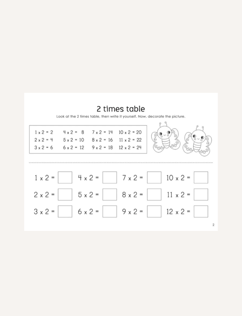 The "Little Genius Vol. 2 - Times Tables Mega Activity Pad" by Lake Press is an engaging children's activity book designed for ages 6+. The vibrant cover showcases colorful graphics of frogs, ice cream cones, and apples to illustrate multiplication examples. Inside, young learners will find a variety of topics including repeated addition, grouping objects, identifying patterns, and coloring activities. Additionally, the book comes with 80 reward stickers to keep kids motivated as they learn and play.