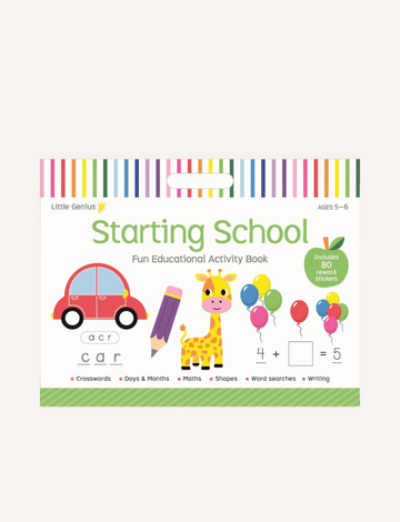 Cover of "Little Genius Vol. 2 - Starting School Mega Activity Pad" by Lake Press for ages 5-6. Includes crossword puzzles, days and months, math, shapes, word searches, coloring activities, and writing. Features images of a car, pencil, giraffe, balloons, math equation, and reward stickers to build confidence in math.