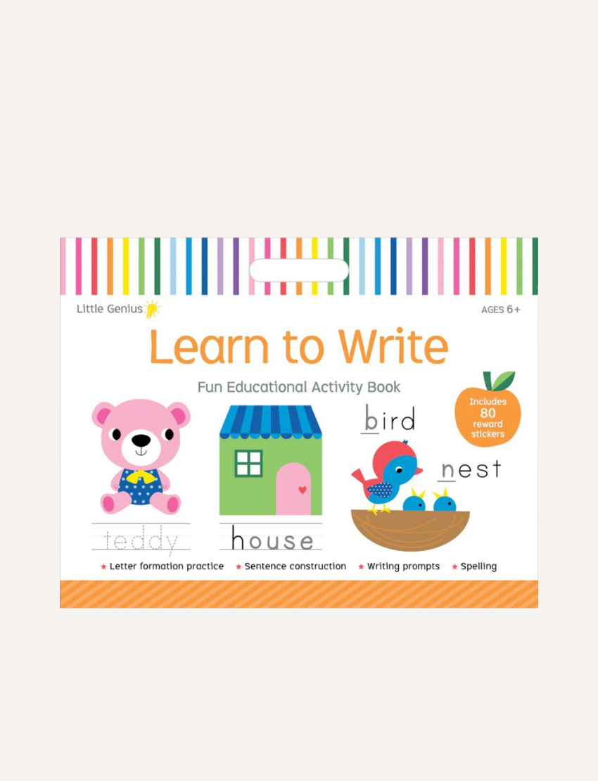 Cover of "Little Genius Vol. 2 - Learn to Write Mega Activity Pad," an educational activity book for children. Published by Lake Press, it features images of a pink teddy bear, a house, a bird, and a bird's nest with labeled words. This workbook for ages 6+ focuses on letter formation, sentences, writing, and spelling skills, and includes reward stickers.