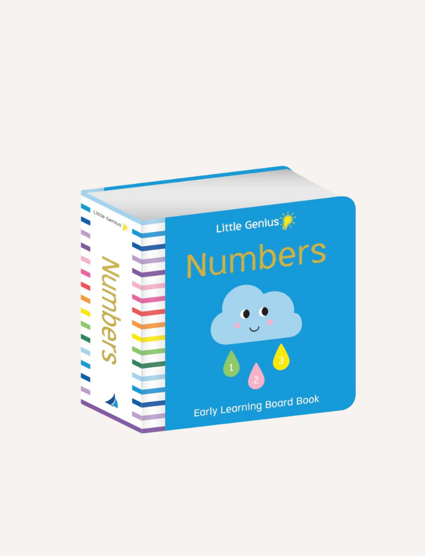 Introducing the "Little Genius Vol. 2 - Chunky Board Numbers Book" by Lake Press, a colorful board book that brings learning to life. This delightful edition from the Little Genius series showcases a blue cover adorned with a cheerful smiling cloud and three numbered droplets, 1, 2, and 3. Enhanced with vibrant illustrations and colorful horizontal stripes on the spine, it's an ideal choice for engaging young learners in mastering their numbers.