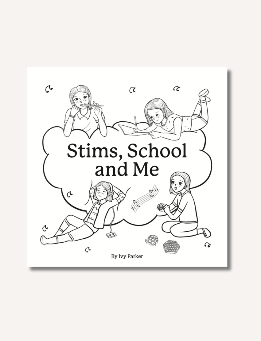 A cover for "Stims, School and Me Storybook (B&W)" by Ivy Parker from The Play Way features illustrations of a young girl in various poses with thought bubbles around her. She is depicted reading, writing, lying down, and sitting cross-legged while using sensory tools to meet her sensory needs.