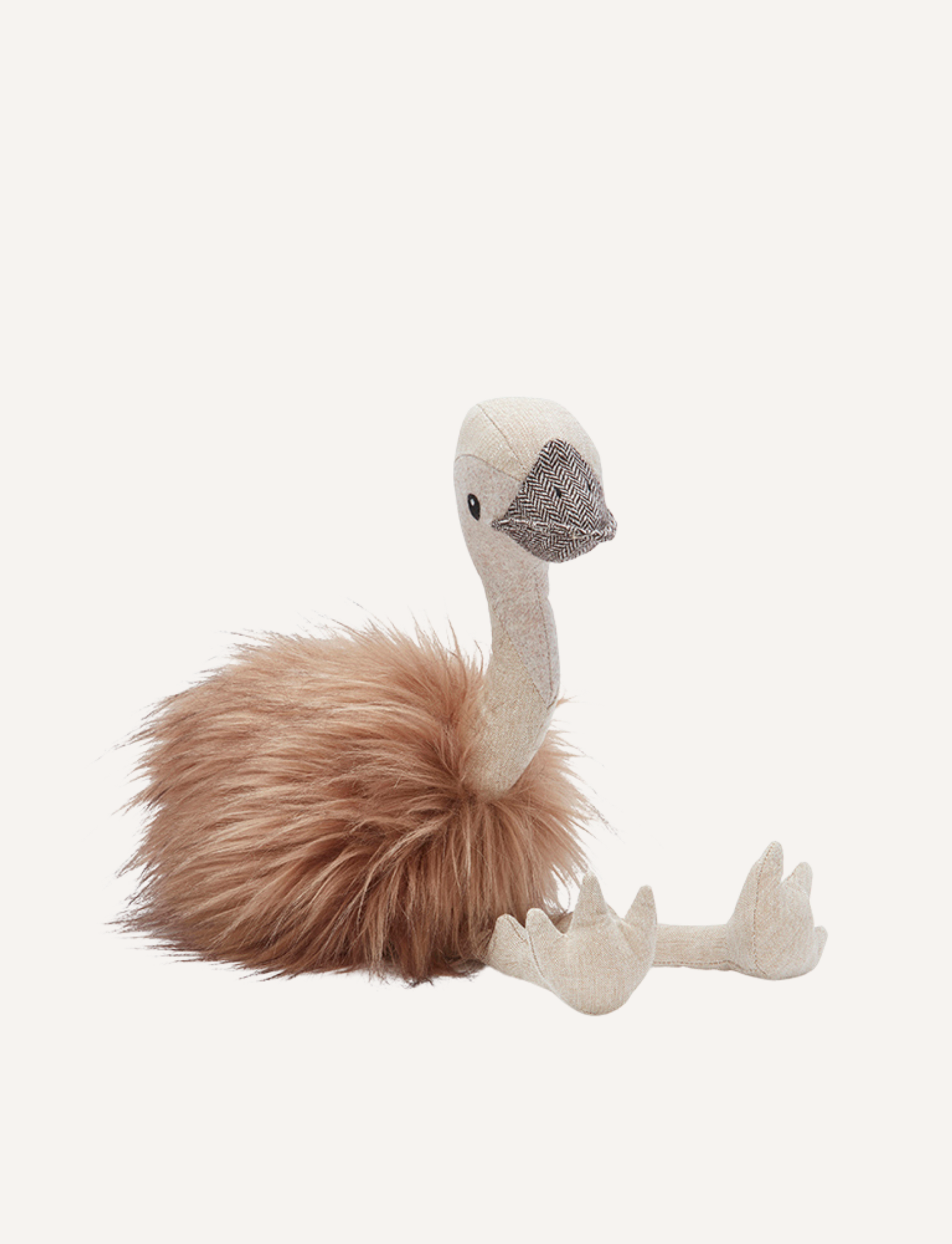 Introducing Eddie the Emu by Nana Huchy, a plush toy featuring a soft and fluffy brown body with beige fabric legs and neck. This charming creation has a simple, stylized design highlighted by a small embroidered face and is set against a plain, light background.